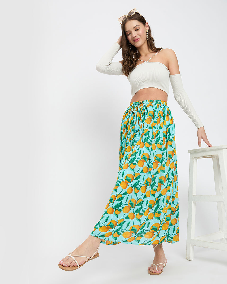 Multicolor Fruit Print Rayon And Poly Knit Skirt For Women