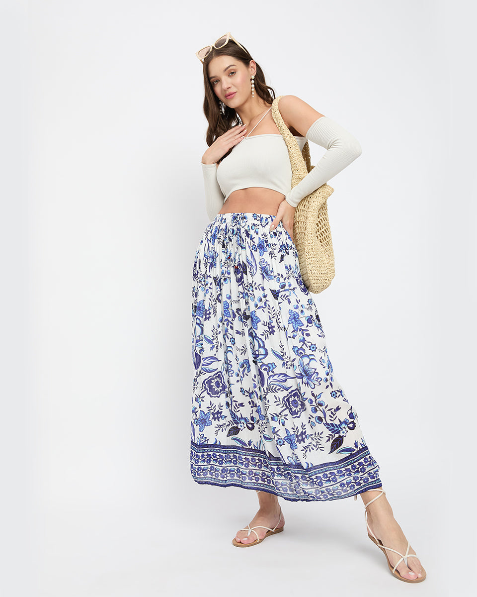 White And Blue Floral Print Poly Knit Rayon Skirt For Women