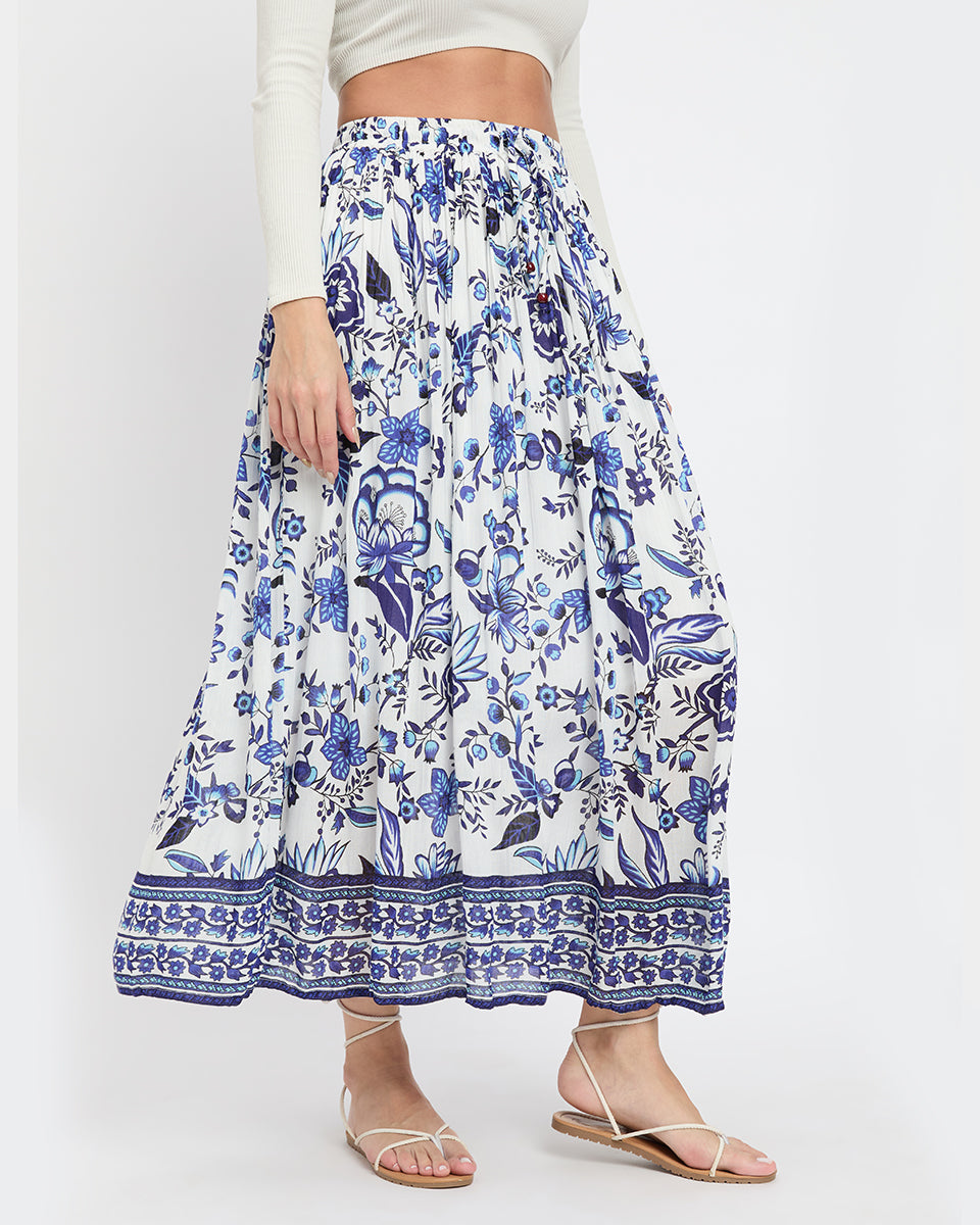 White And Blue Floral Print Poly Knit Rayon Skirt For Women