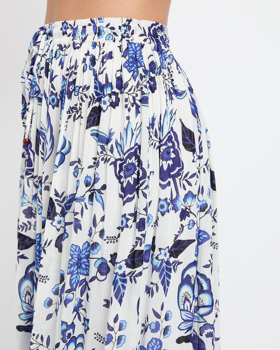 White And Blue Floral Print Poly Knit Rayon Skirt For Women