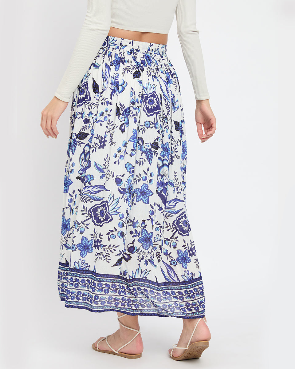 White And Blue Floral Print Poly Knit Rayon Skirt For Women