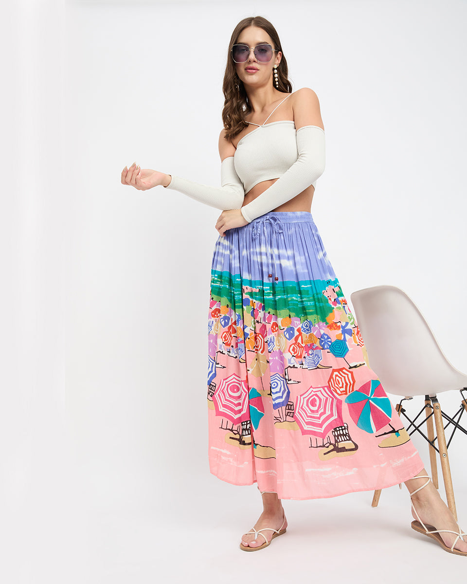 Printed beach theme rayon & poly knit skirt