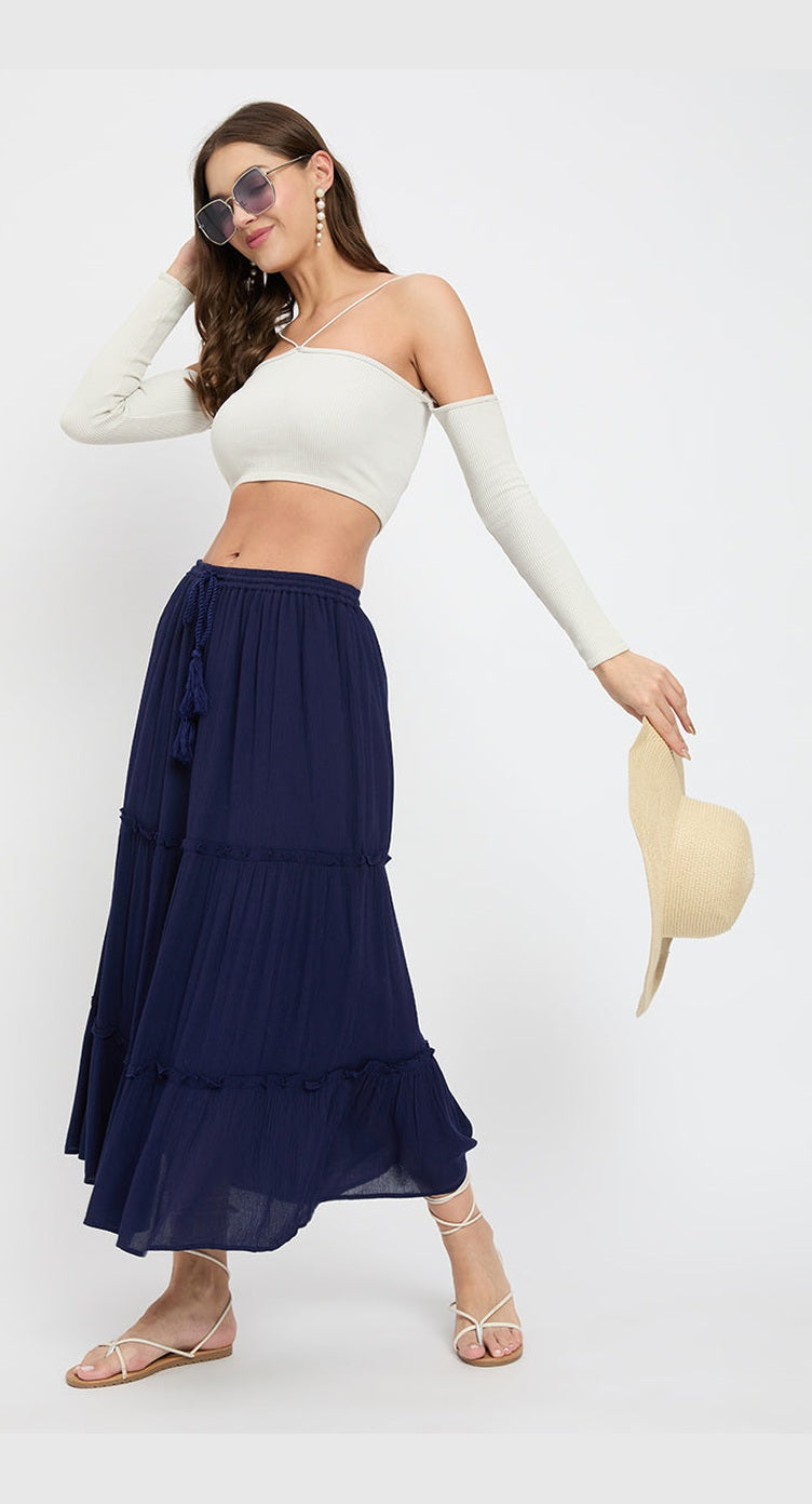 Gypsie Blu Navy-Blue Rayon Gauze Poly Knit Skirt for Women - S M L XL - SKU AC3T70DD S - Gypsie Blu