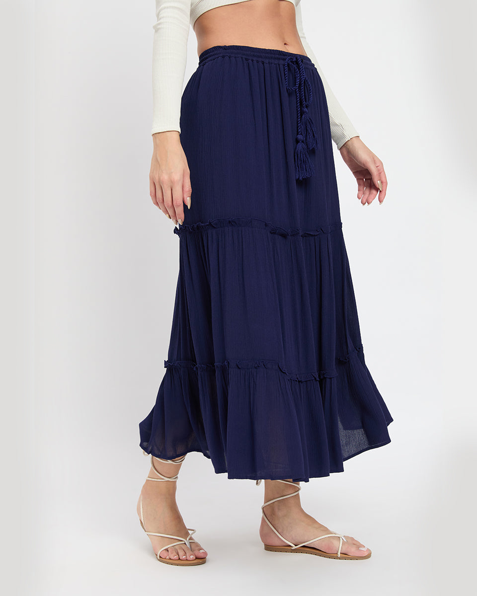 Charming Navy Blue Rayon Gauze Poly Knit Skirt For Women