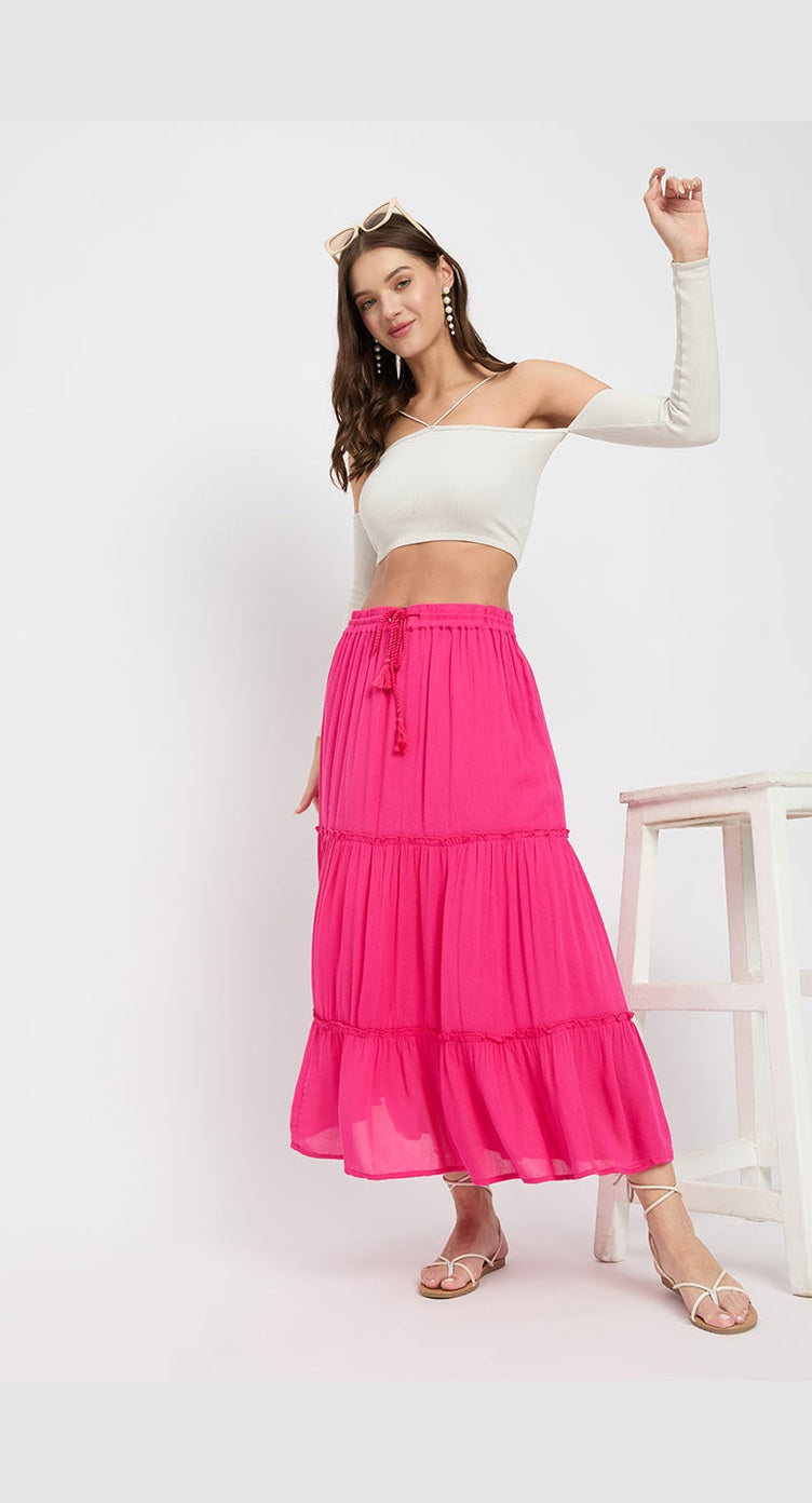 Fuchsia Rayon Gauze Poly Knit Skirt For Women - S M L XL - SKU AC3T203 S - Gypsie Blu