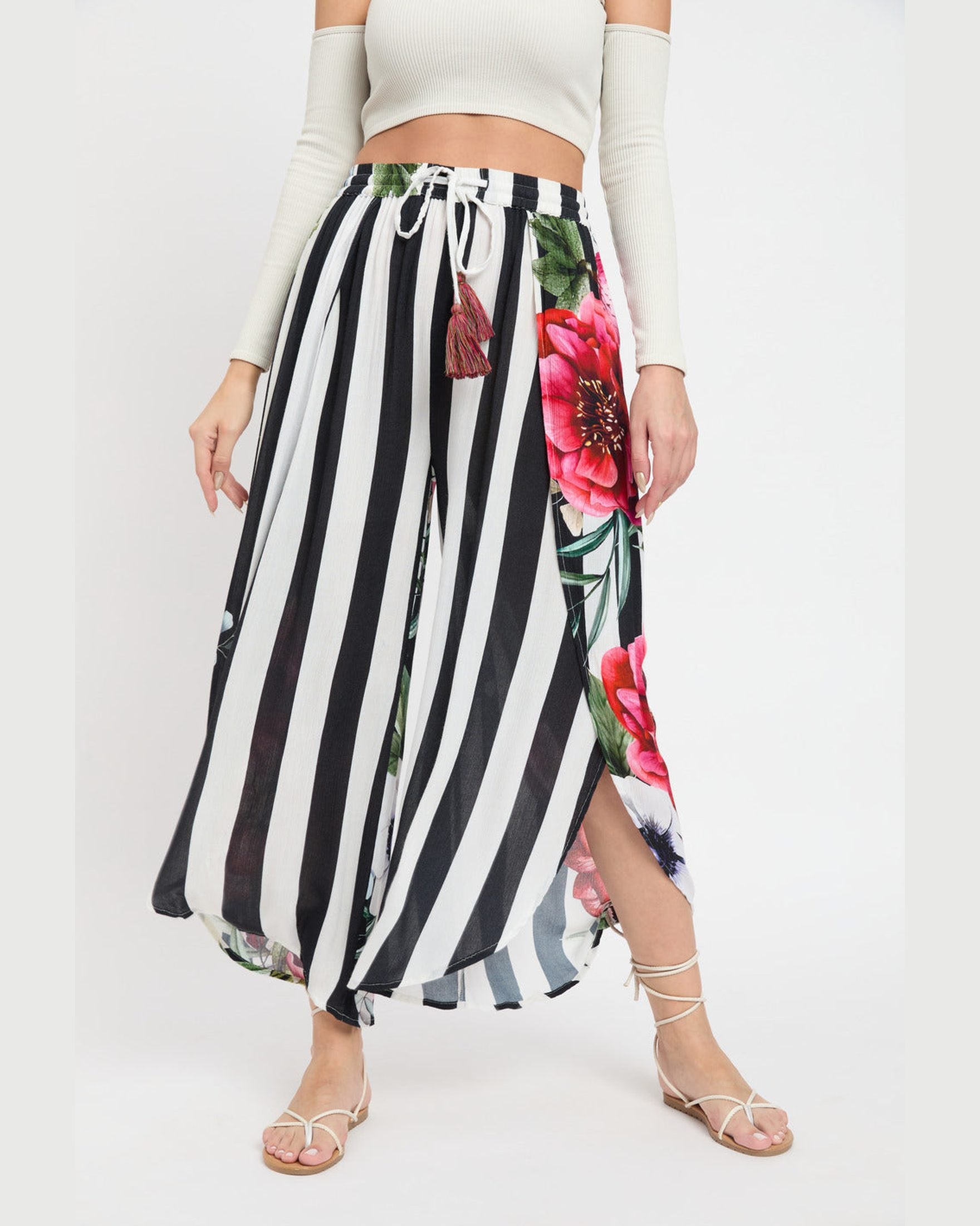 Black And White Strip Floral Print Rayon Crepe Bottom Pant For Women