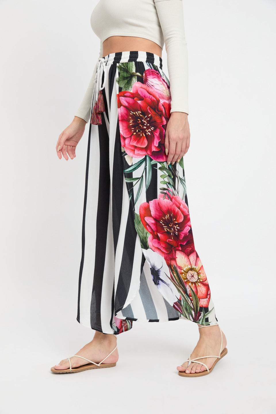 Black And White Strip Floral Print Rayon Crepe Bottom Pant For Women