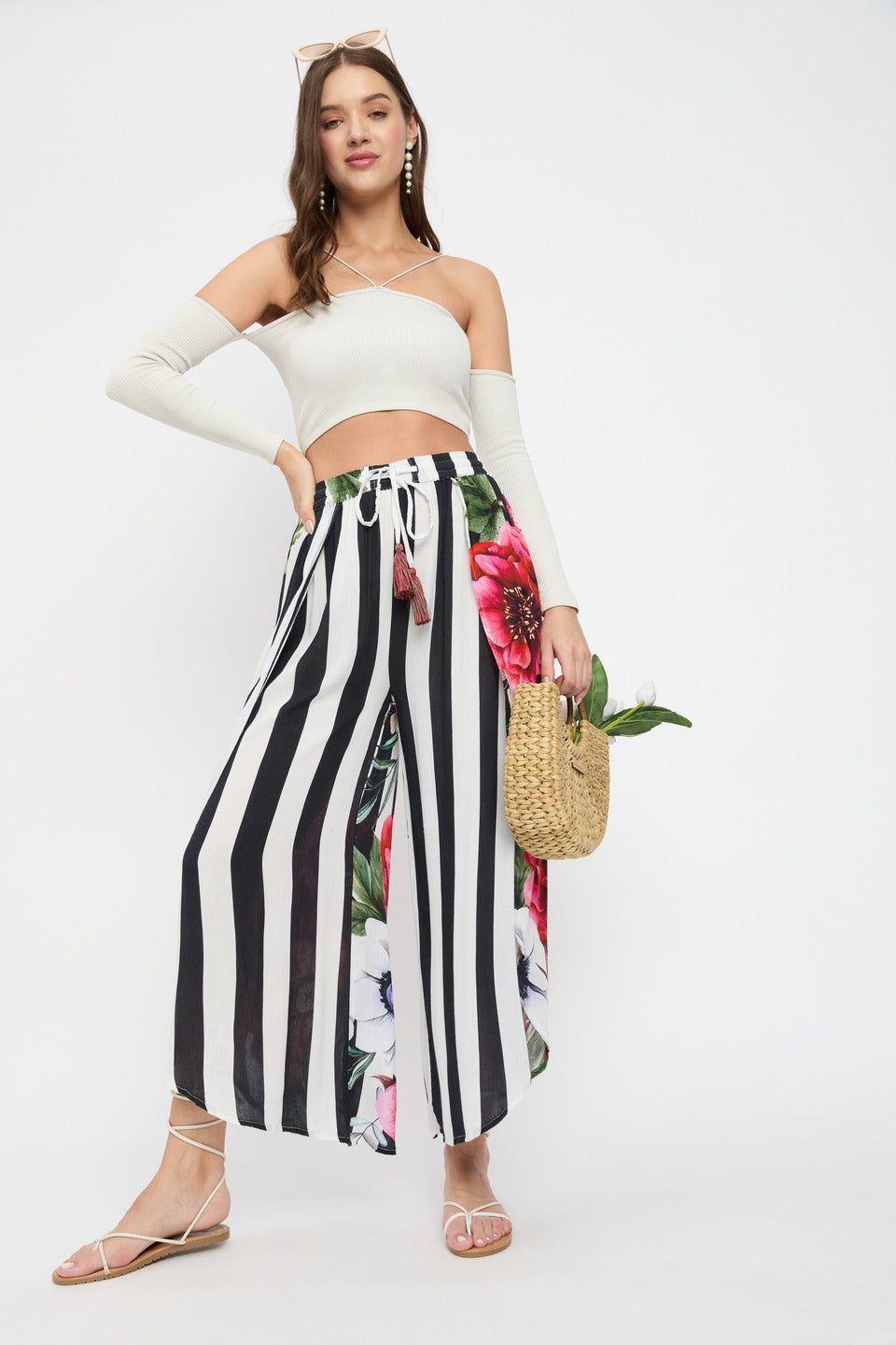 Black And White Strip Floral Print Rayon Crepe Bottom Pant For Women