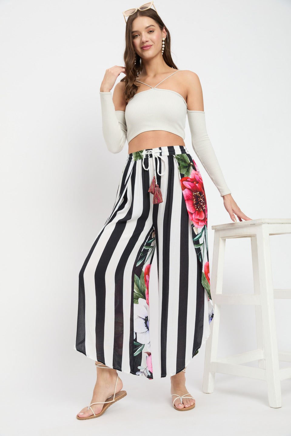 Black And White Strip Floral Print Rayon Crepe Bottom Pant For Women