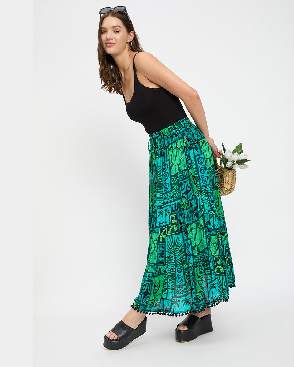 Dazzling Printed Green And Blue Rayon Crepe Skirt For Women