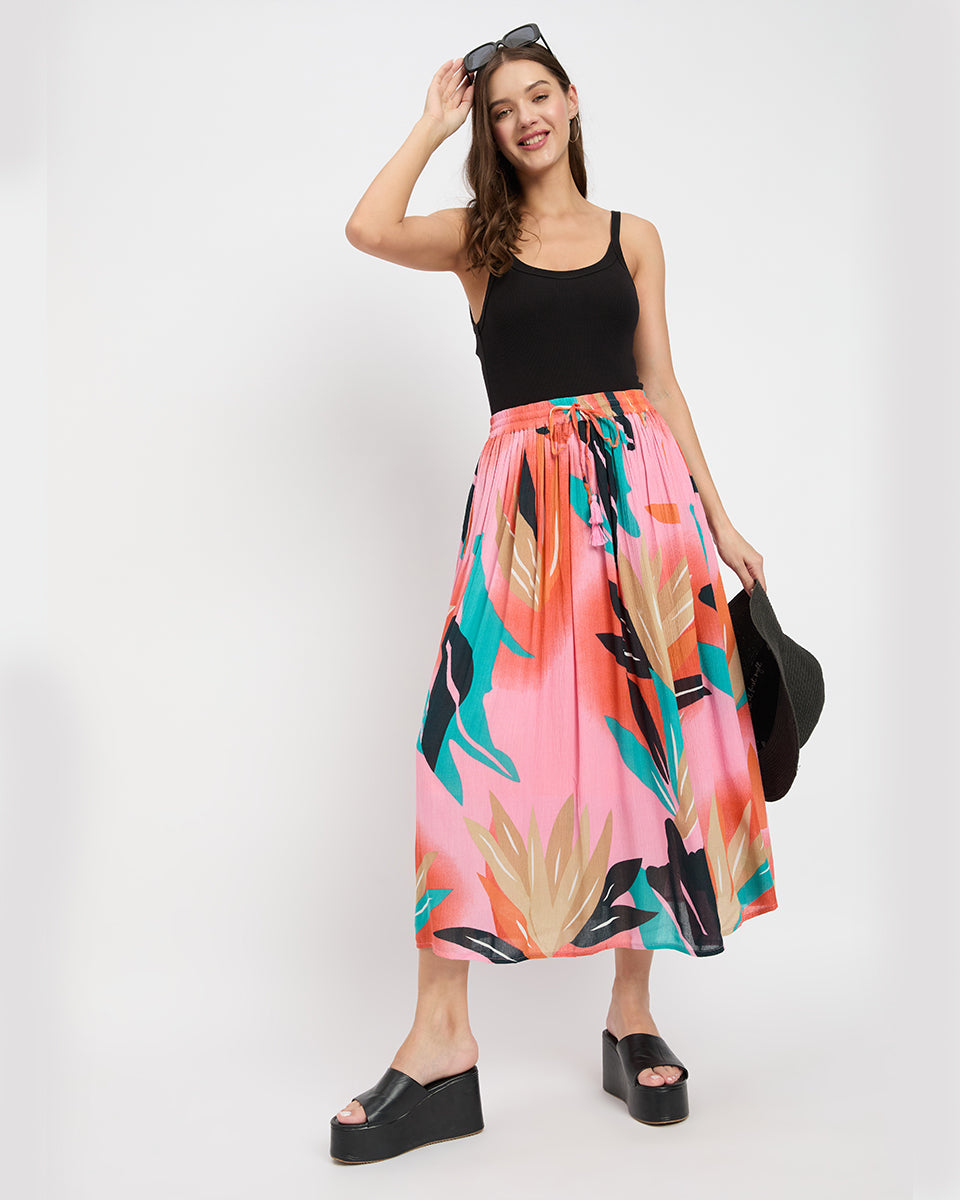 Pink Leaf Print Poly Knit Rayon Skirt For Women