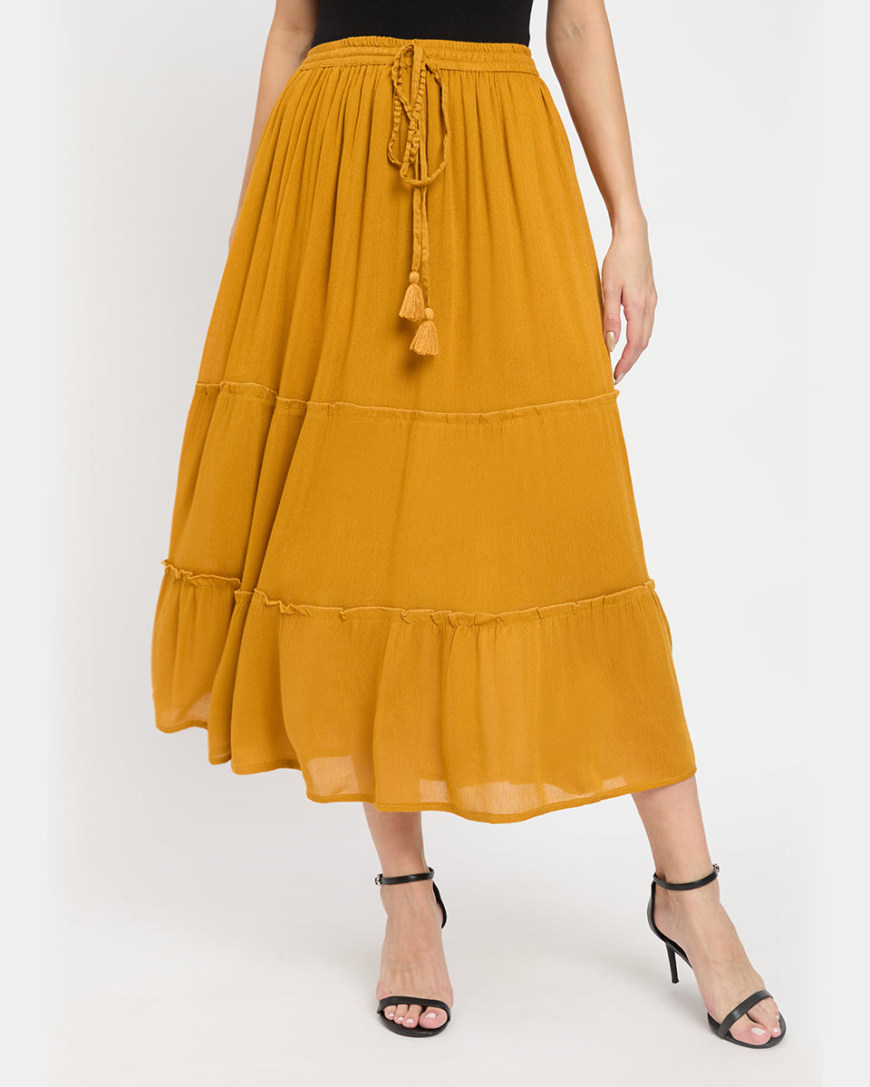 Solid Mustard Color Rayon And Poly Knit Skirt For Women