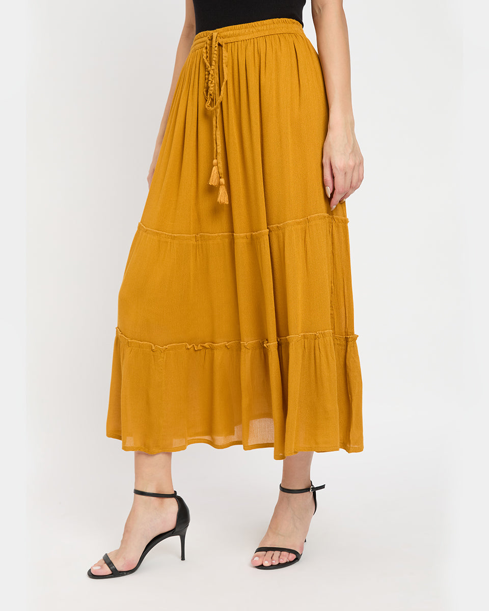 Solid Mustard Color Rayon And Poly Knit Skirt For Women