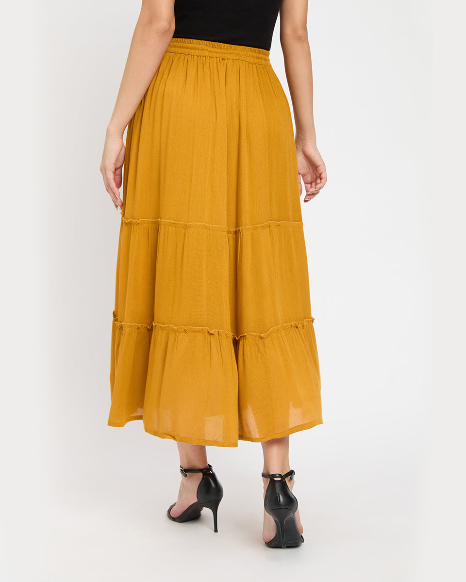 Solid Mustard Color Rayon And Poly Knit Skirt For Women