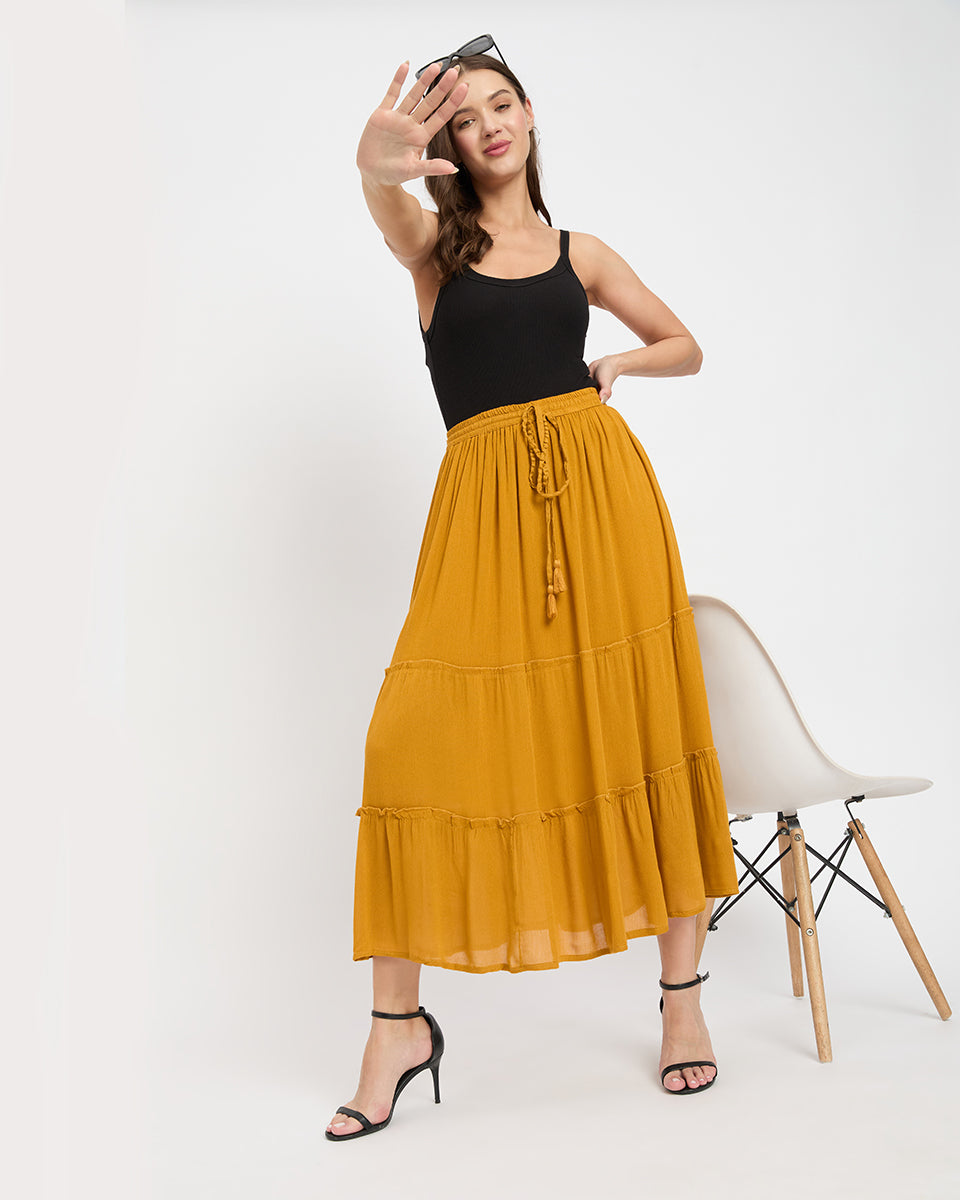 Solid Mustard Color Rayon And Poly Knit Skirt For Women