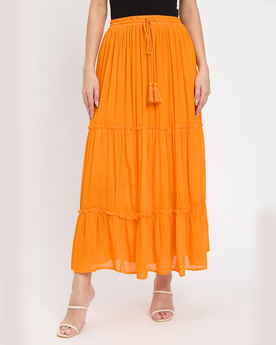 Solid Orange Color Three Tier Rayon And Poly Knit Long Skirt For Women