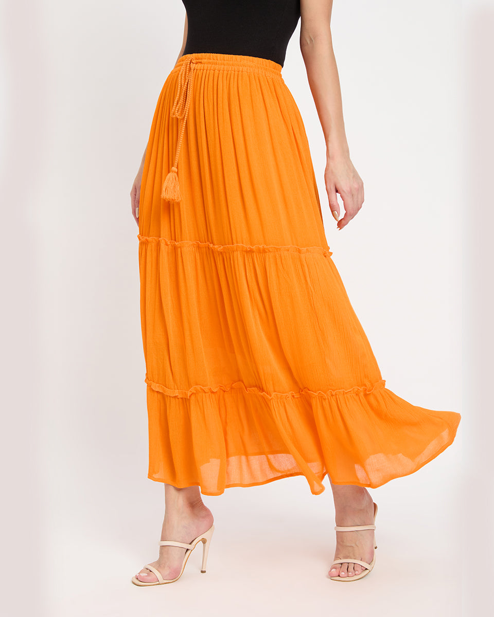 Solid Orange Color Three Tier Rayon And Poly Knit Long Skirt For Women