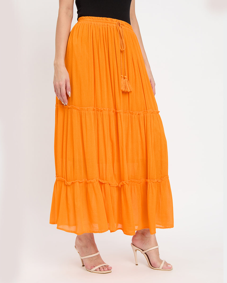 Orange color rayon & poly knit skirt
