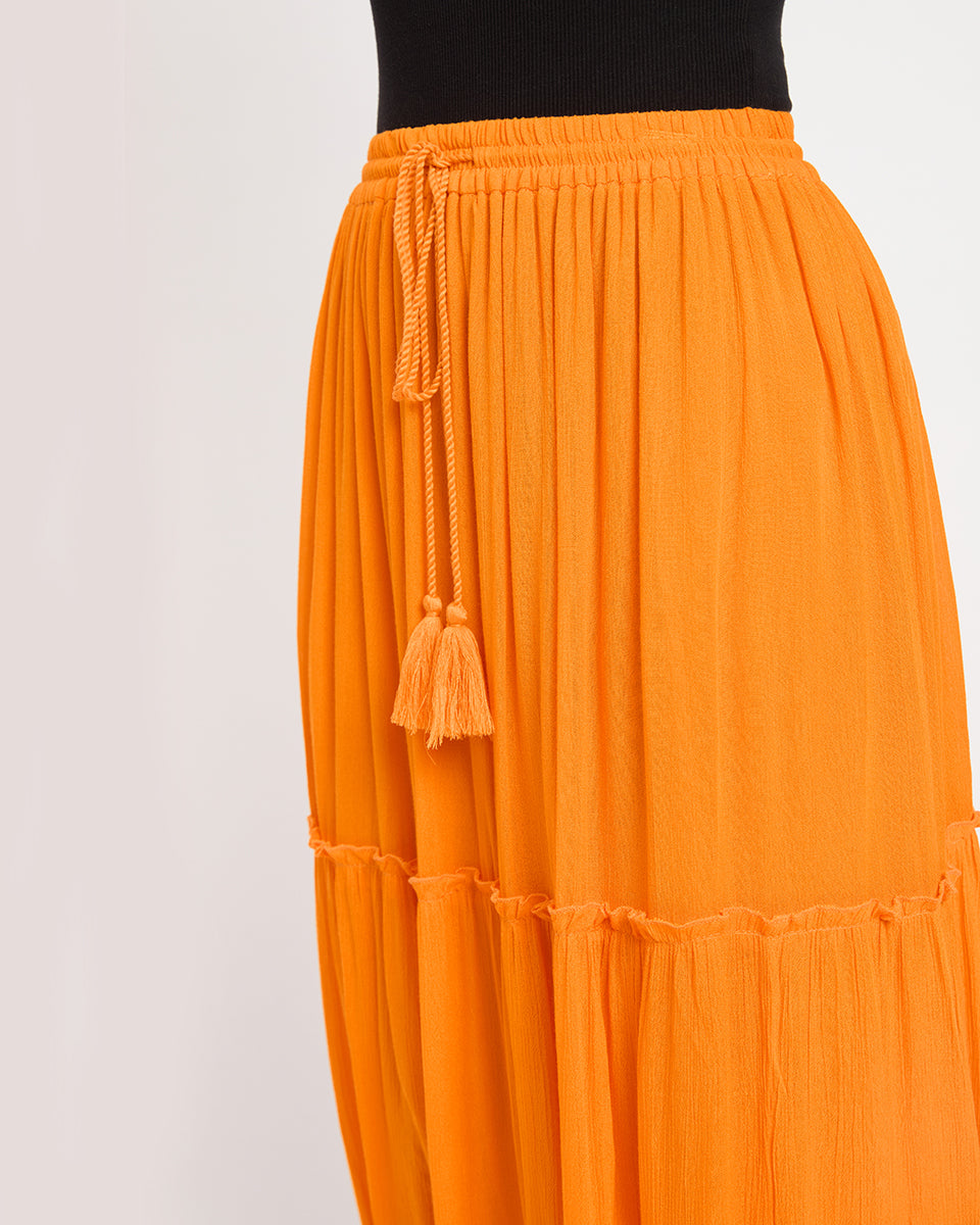 Solid Orange Color Three Tier Rayon And Poly Knit Long Skirt For Women