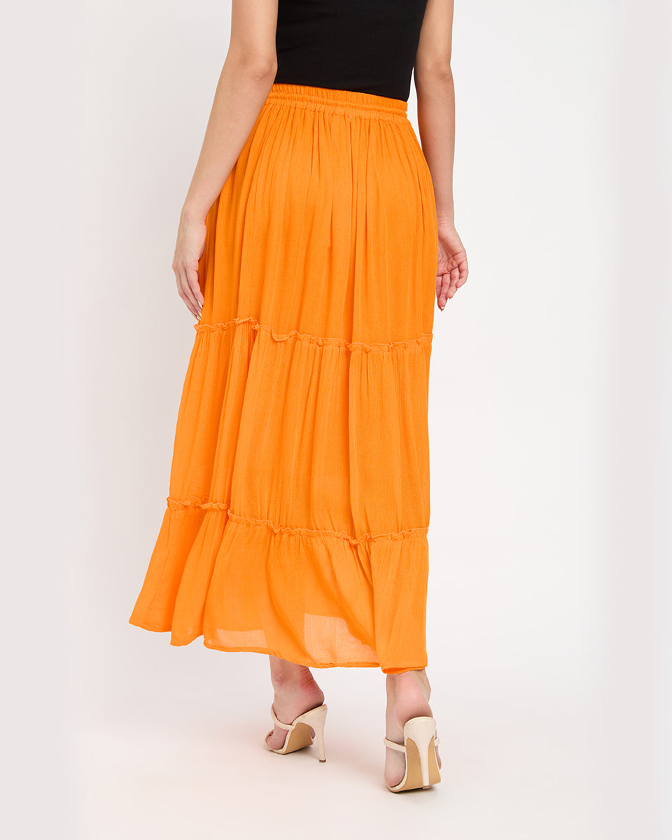 Solid Orange Color Three Tier Rayon And Poly Knit Long Skirt For Women