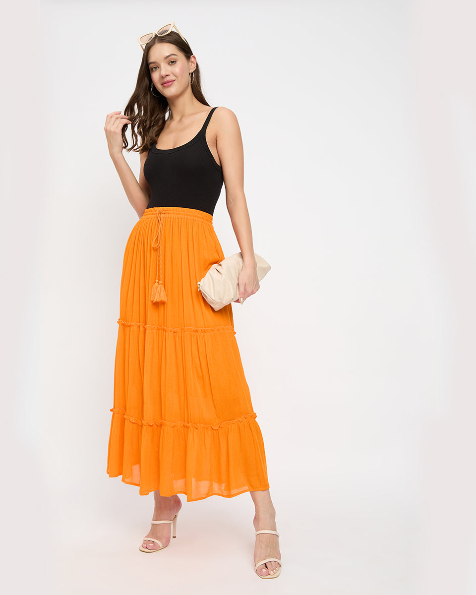 Solid Orange Color Three Tier Rayon And Poly Knit Long Skirt For Women