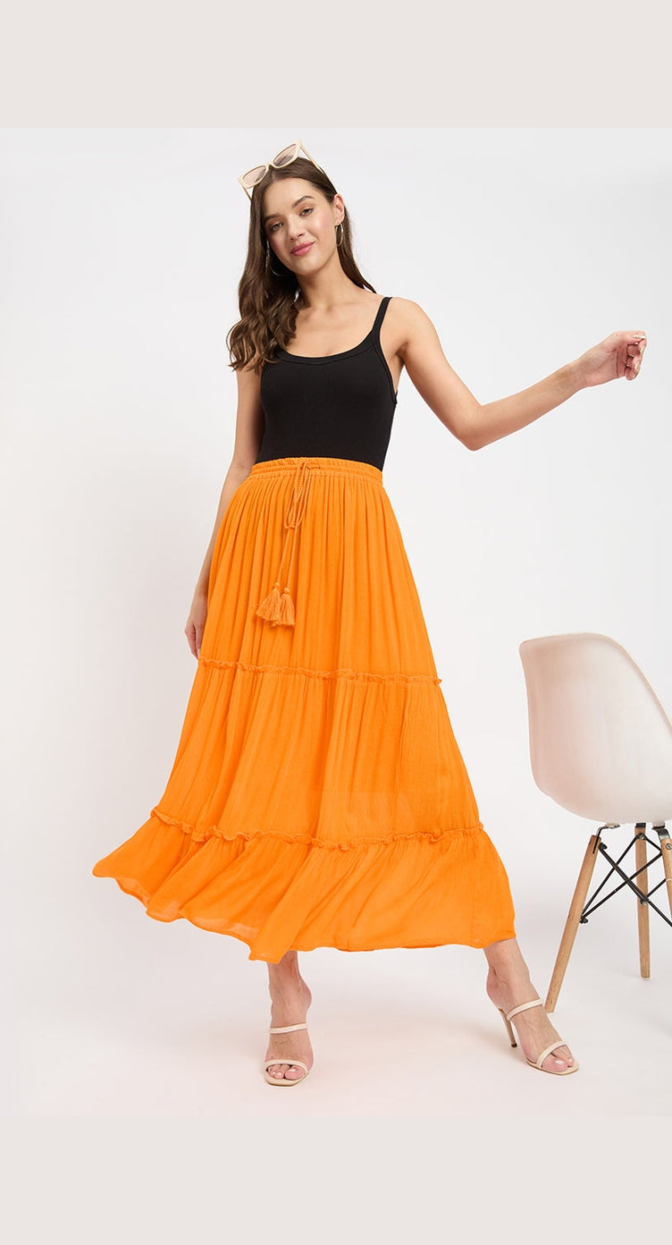 Solid Orange Color Rayon Elegant Long Skirt For Women - S M L XL - SKU SKTD-014 S - Gypsie Blu