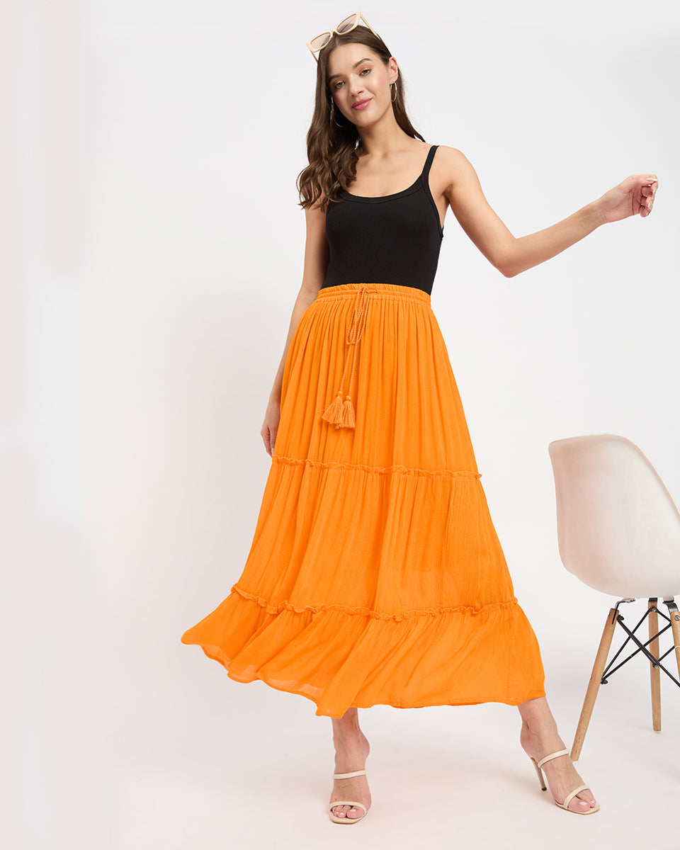 Solid Orange Color Three Tier Rayon & Poly Knit Long Skirt For Women