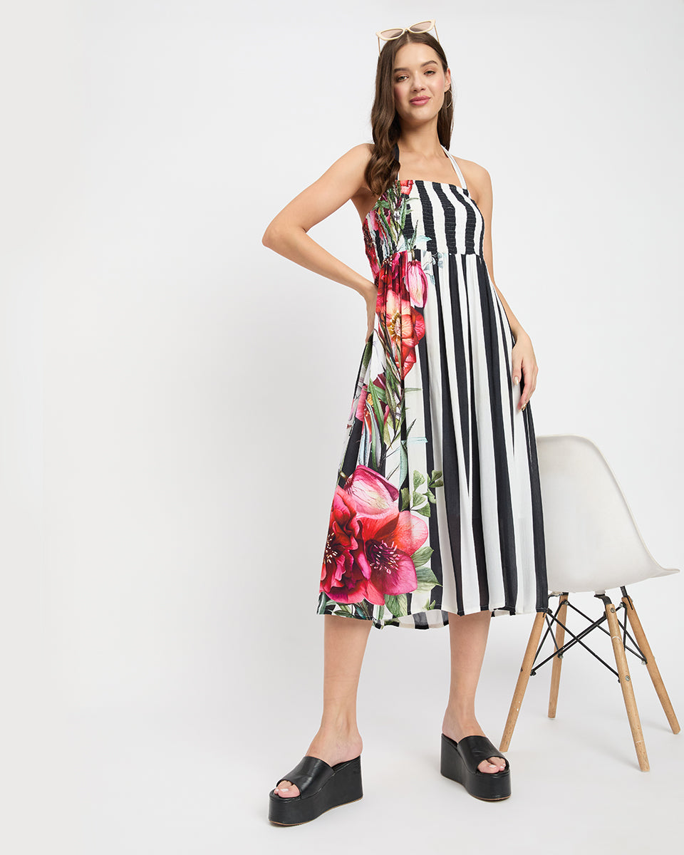 Flowered design timeless black & white striped rayon crepe midi dress
