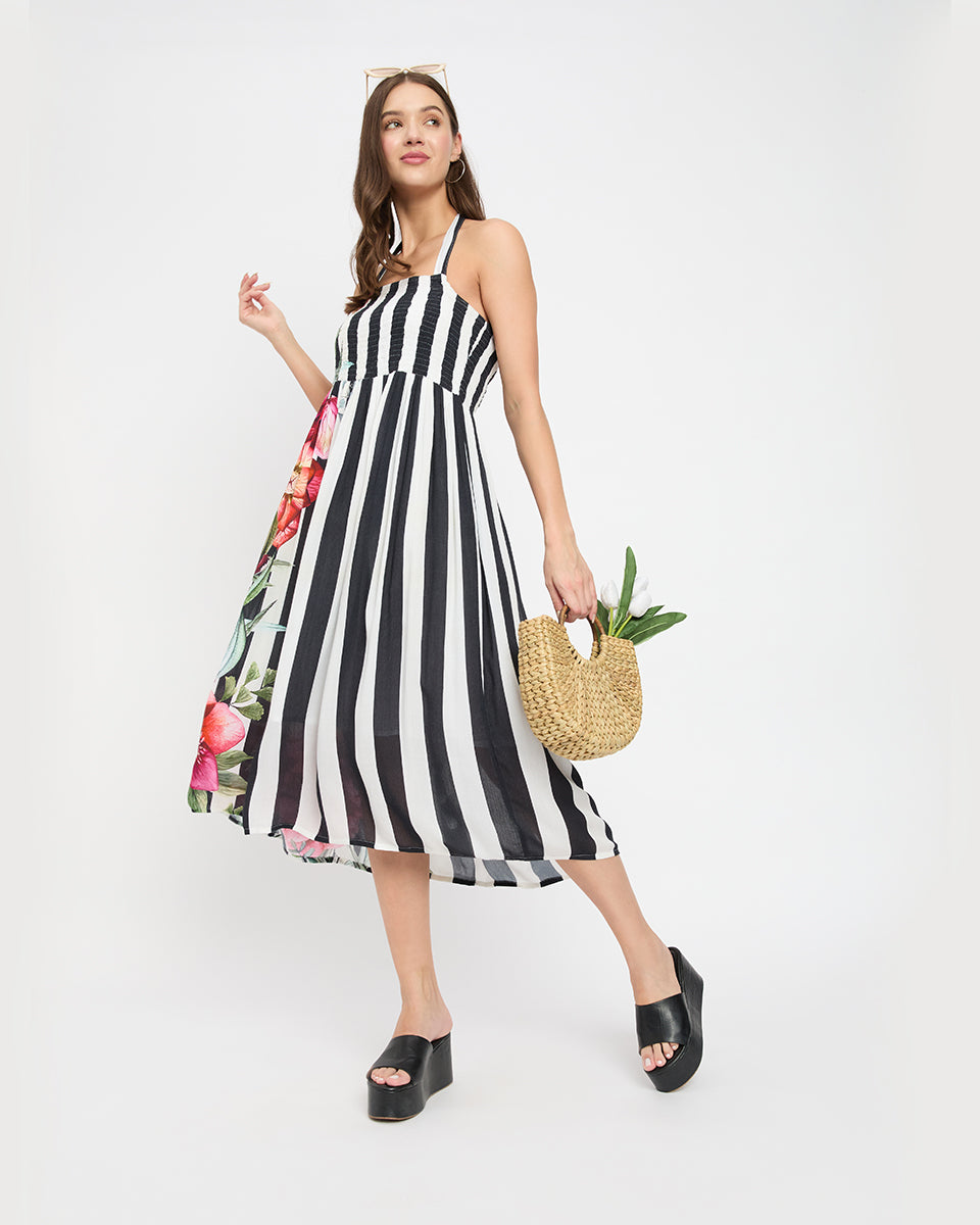 Flowered design timeless black & white striped rayon crepe midi dress