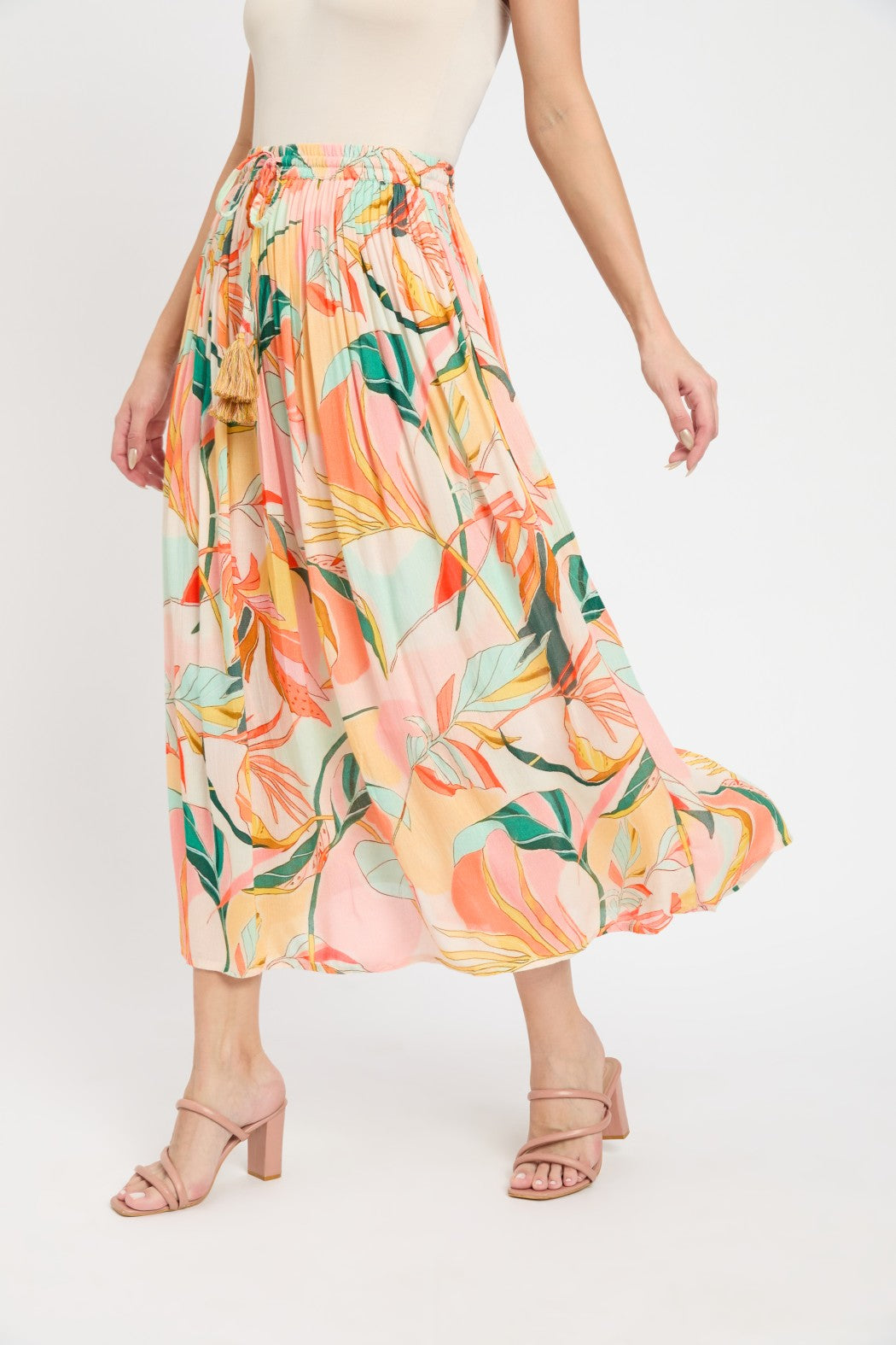 Dazzling Leaf Printed Multi Color Rayon Crepe Skirt For Women