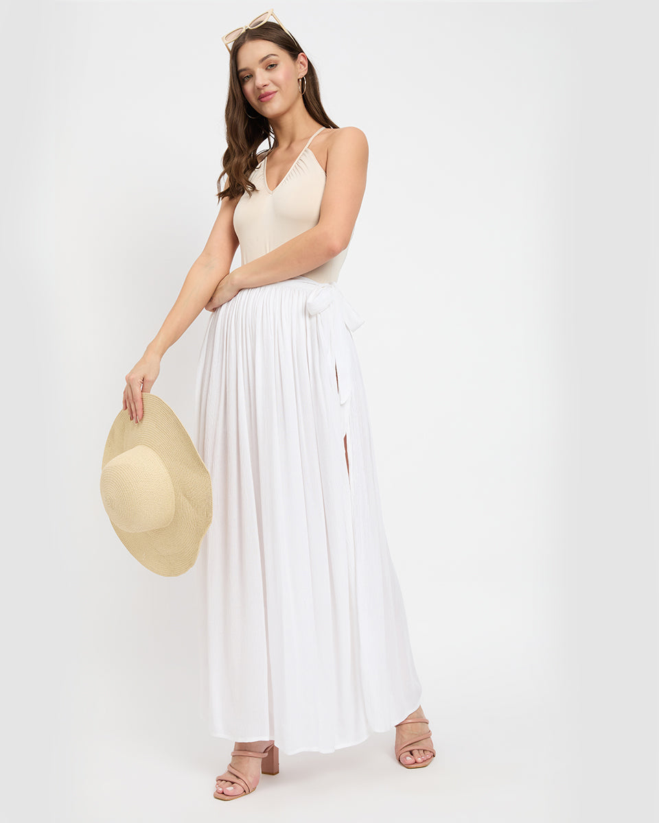 White Rayon Crepe Dazzling Side Slit Skirt For Women