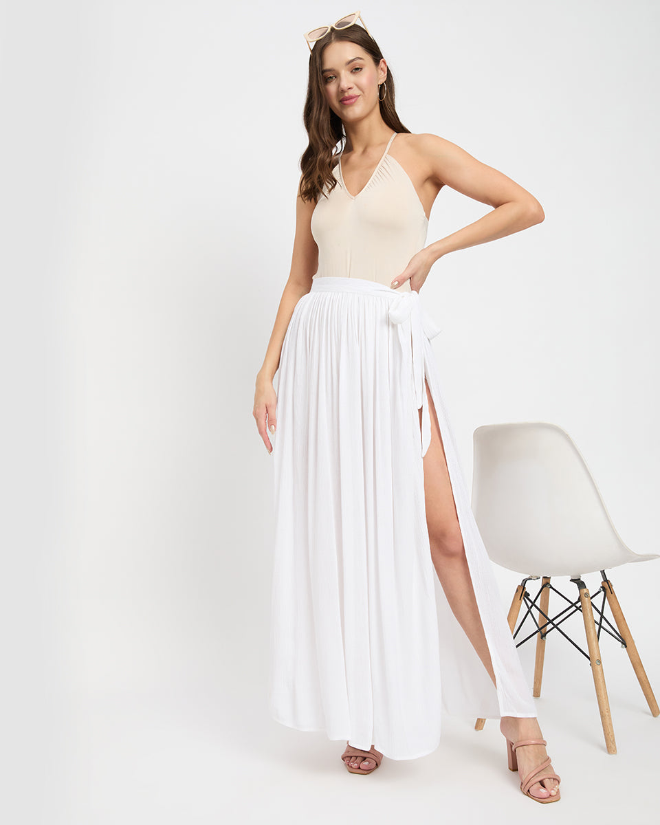 White Rayon Crepe Dazzling Side Slit Skirt For Women