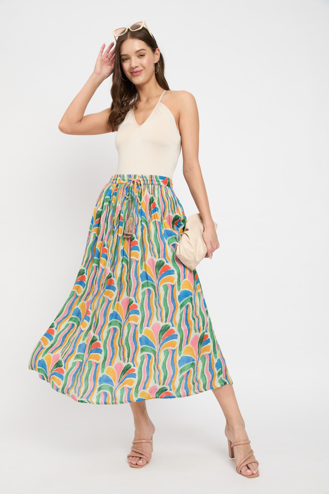 Stunning multi color rayon crepe pleated skirt for women