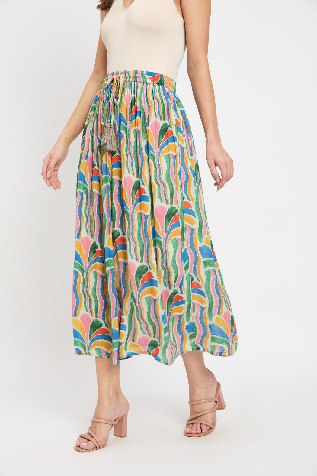 Stunning Multi Color Rayon Crepe Pleated Skirt For Women