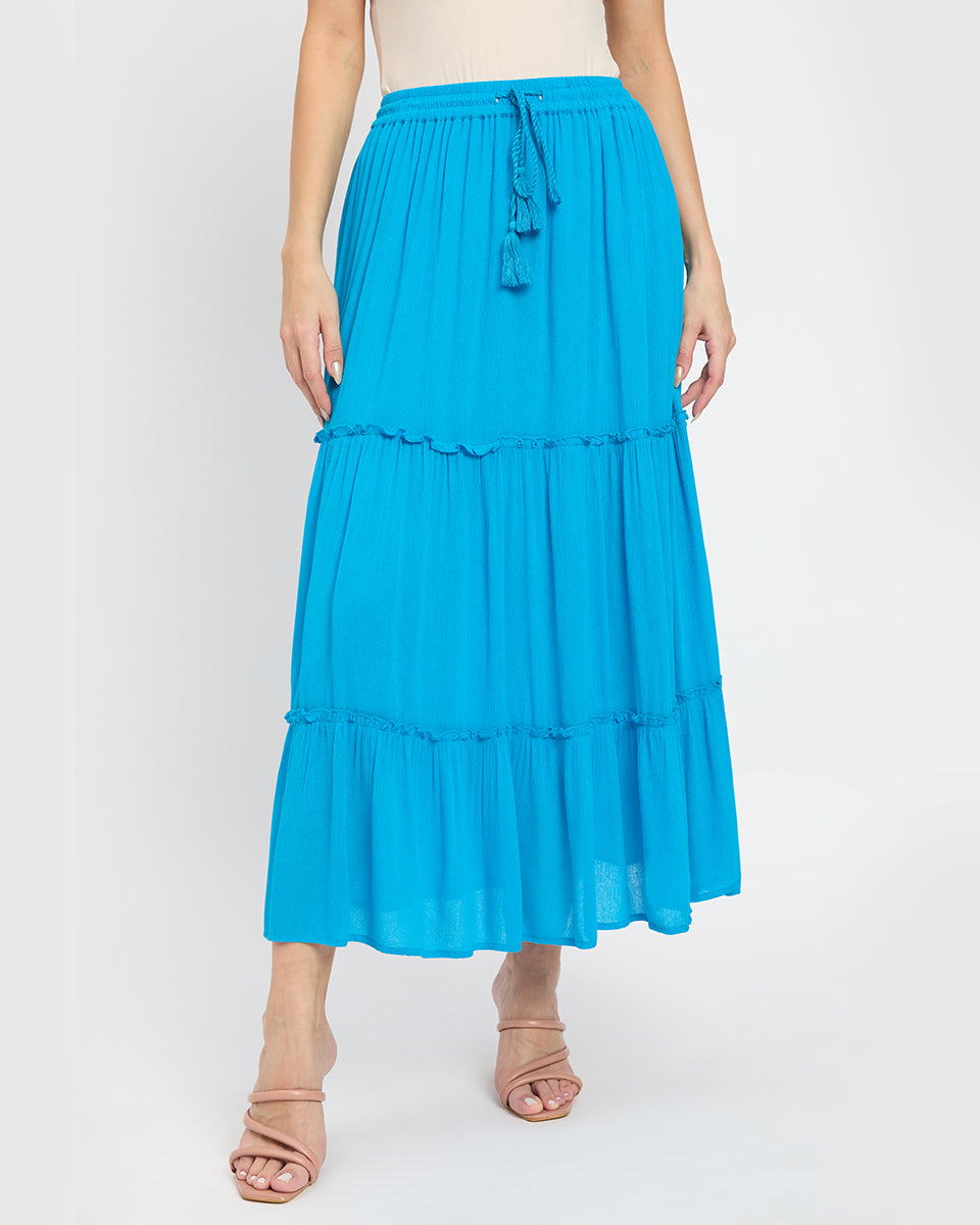 Poly Knit And Rayon Turquoise Color Three Tier Skirt For Women