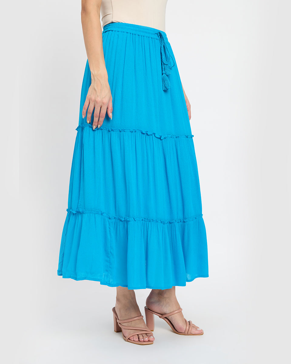 Poly Knit And Rayon Turquoise Color Three Tier Skirt For Women