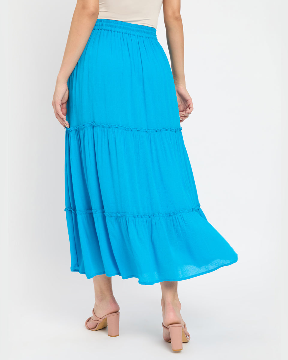 Poly Knit And Rayon Turquoise Color Three Tier Skirt For Women