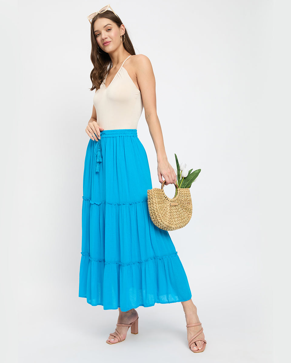 Poly Knit And Rayon Turquoise Color Three Tier Skirt For Women