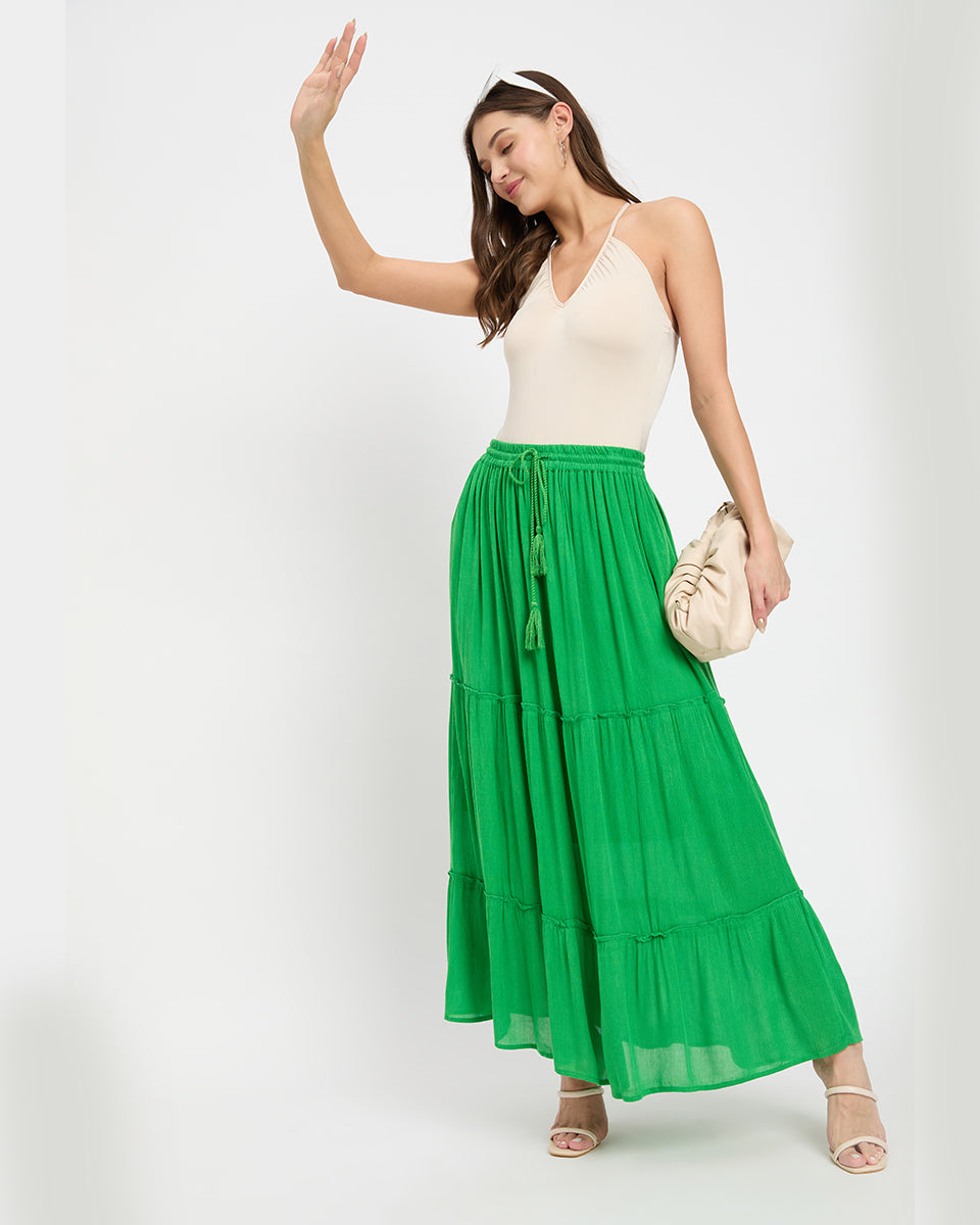 Green Rayon Gauze And Poly Knit Long Skirt For Women