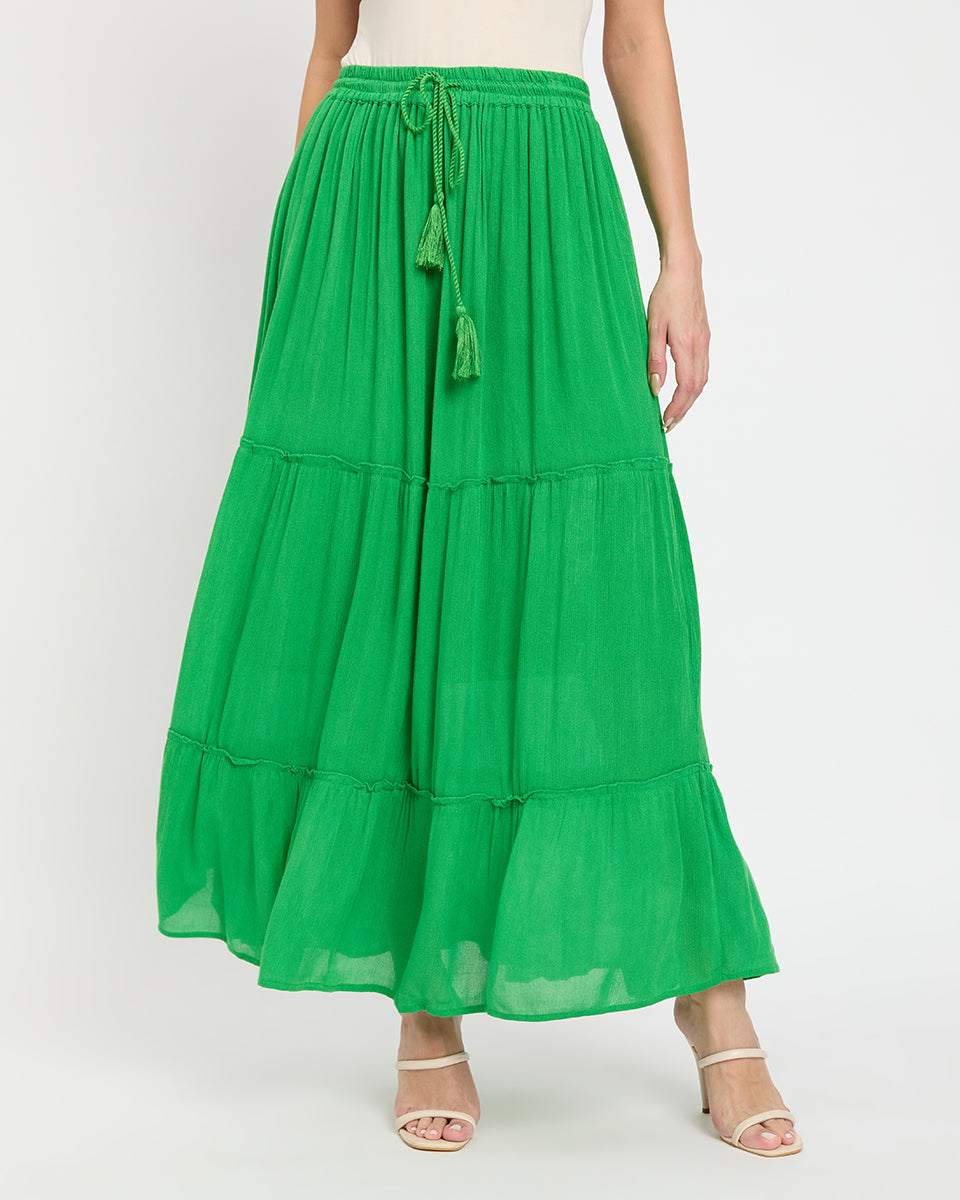 Green Rayon Gauze And Poly Knit Long Skirt For Women