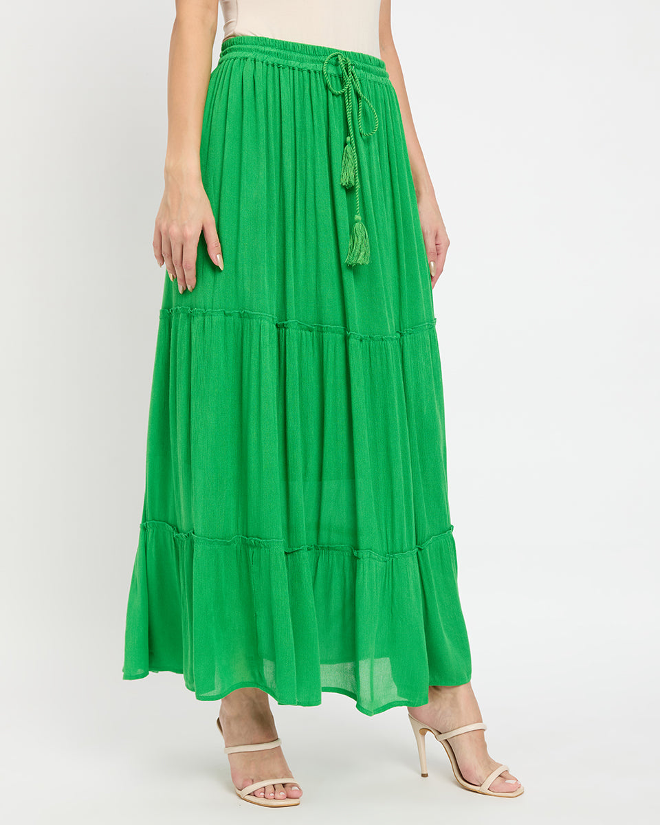 Green Rayon Gauze And Poly Knit Long Skirt For Women