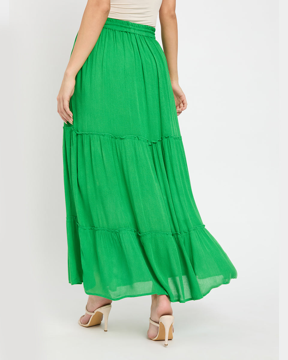 Green Rayon Gauze And Poly Knit Long Skirt For Women