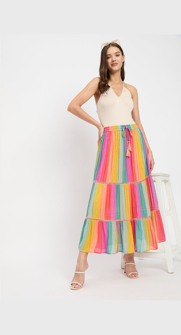 Stripe Multi Color Rayon Poly Knit Long Skirt For Women - S M L XL - SKU SKTD-001 S - Gypsie Blu