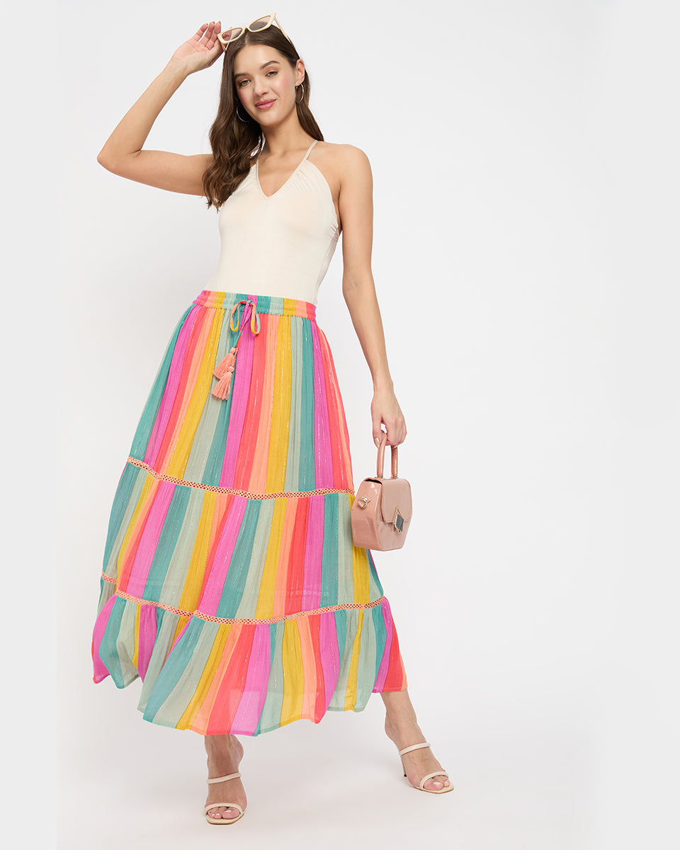 Multi Stripe Multi Color Rayon And Poly Knit Long Skirt For Women