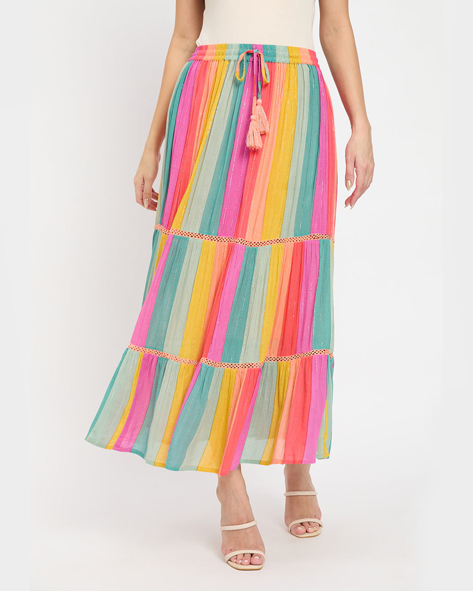 Multi Stripe Multi Color Rayon And Poly Knit Long Skirt For Women