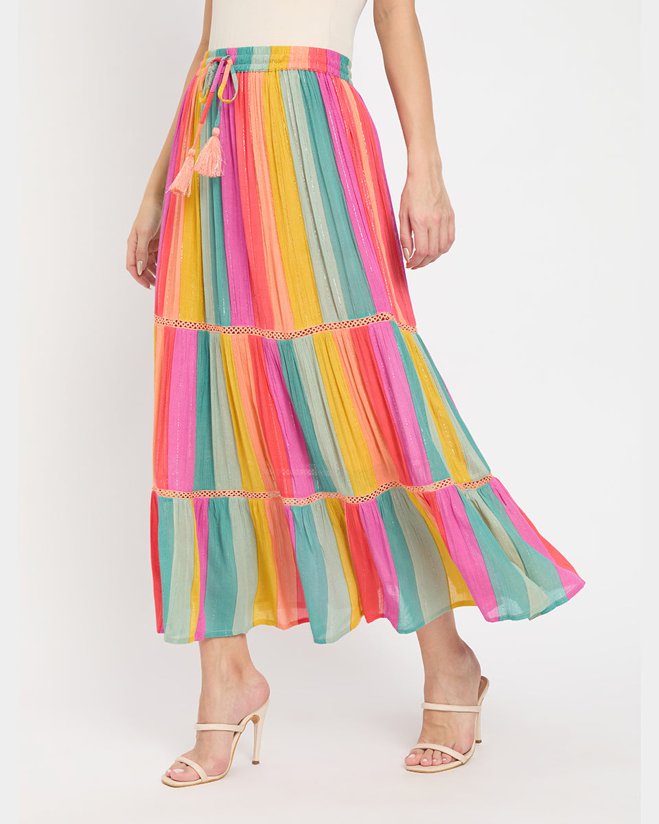 Multi Stripe Multi Color Rayon And Poly Knit Long Skirt For Women