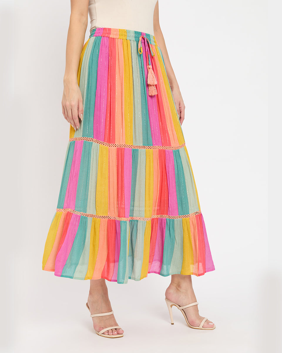 Multi stripe multi color rayon & poly knit long skirt