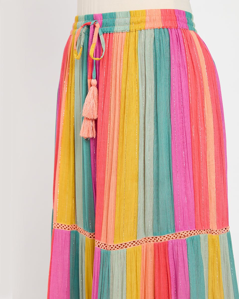 Multi Stripe Multi Color Rayon And Poly Knit Long Skirt For Women