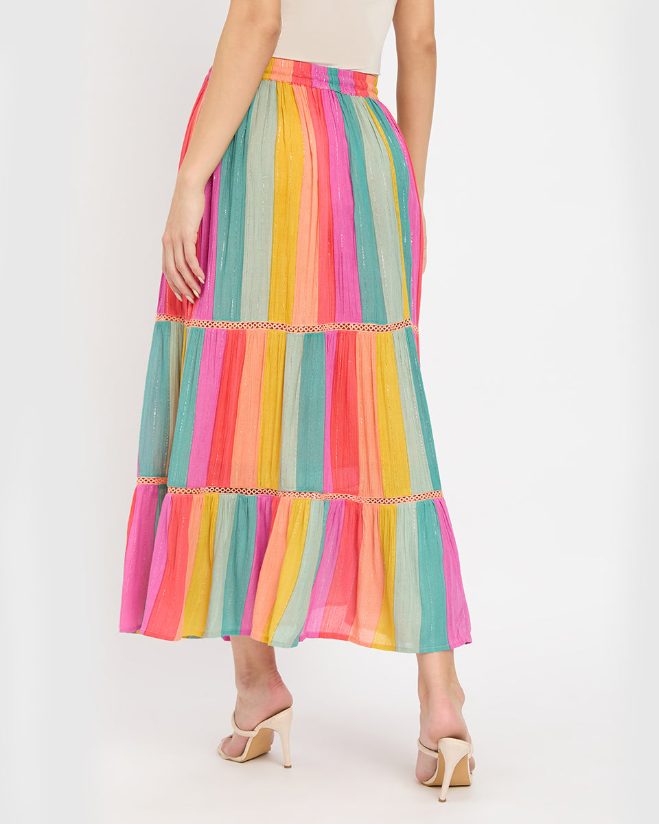 Multi Stripe Multi Color Rayon And Poly Knit Long Skirt For Women