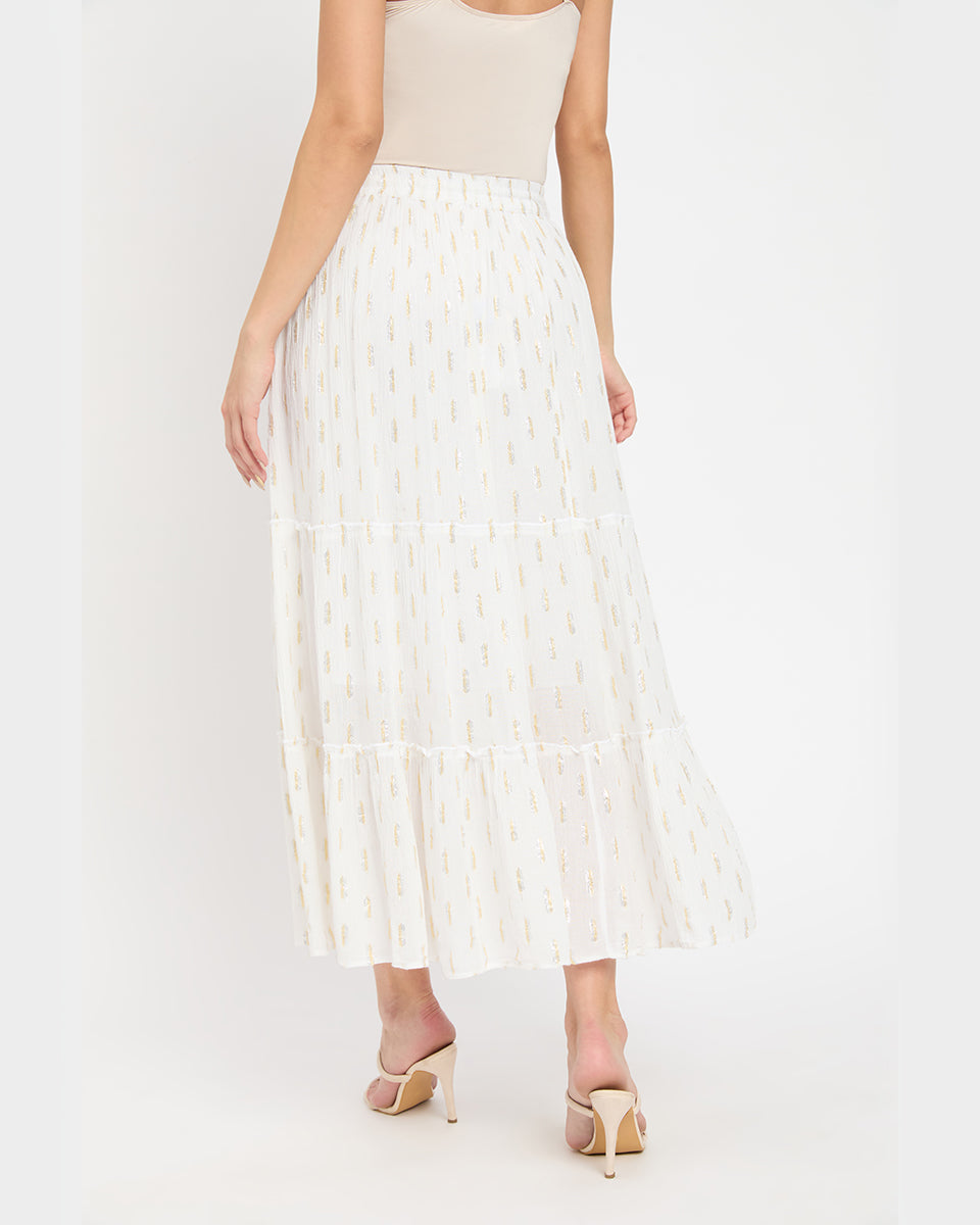 White And Silver Dobby Lurex Design Rayon Skirt For Women